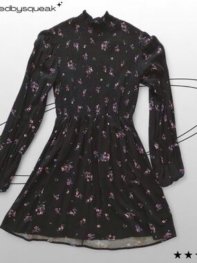 Wild Fable Black Floral Long Sleeve Mini Dress Medium Boho Cottagecore